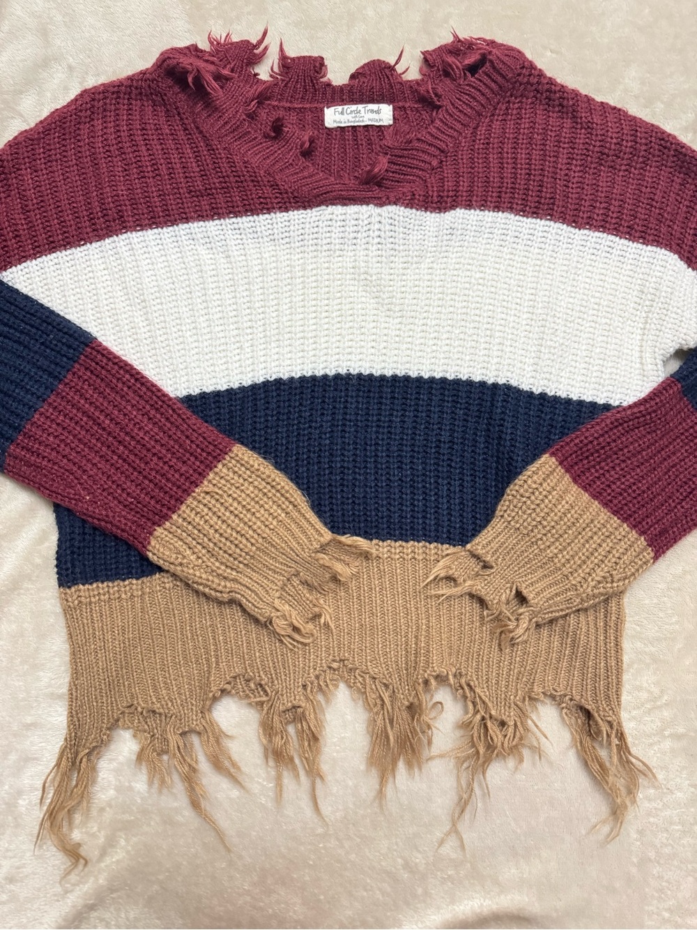 Full Circle Trend Distressed Colorblock V-Neck Sweater - Burgundy/Navy/Cream/Tan